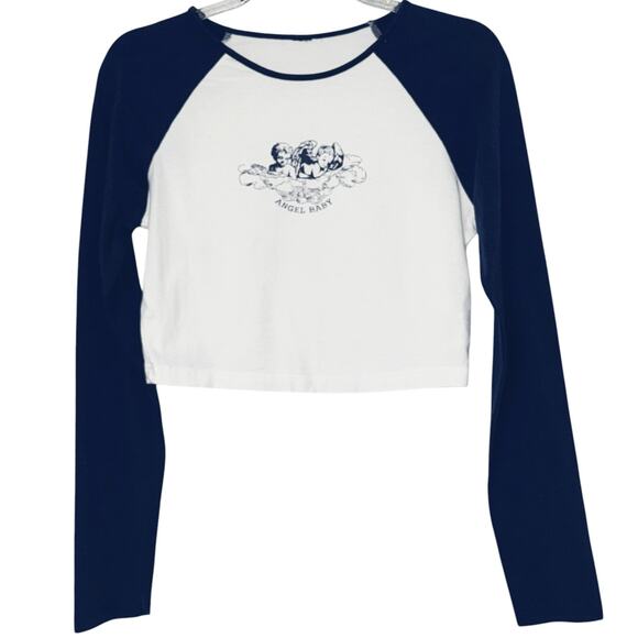 Y2K Crew Neck Long Sleeve Baby Tee Pullover Shirt White Navy Blue Medium - Picture 1 of 5